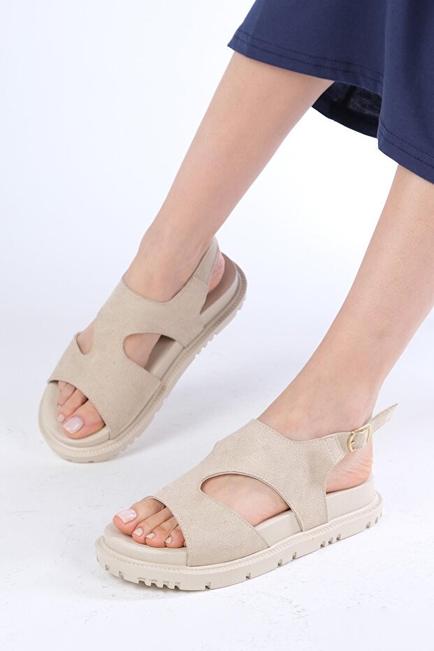 Reina Beige Color Asymmetrical Cut Women's Sandals