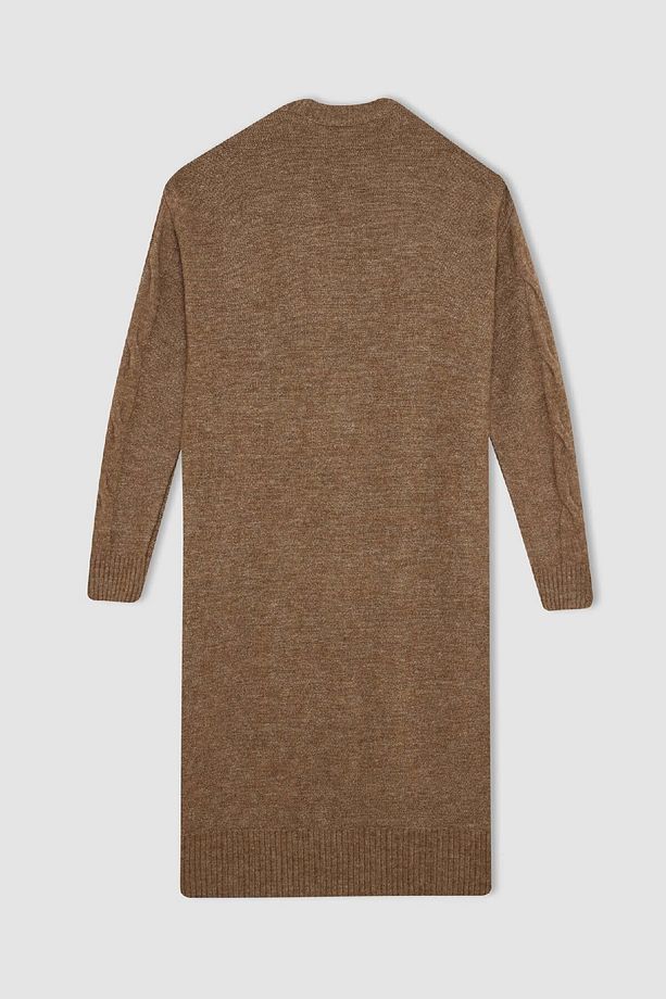 Regular Fit Bisiklet Yaka Saç Örüg Desenli Basic Düz Uzun Kollu Maxi Triko Elbise Y2073az24wn - 7
