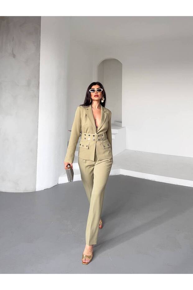 Women's Suit Jacket Trousers Khaki Waist Adjustable Double Pocket
