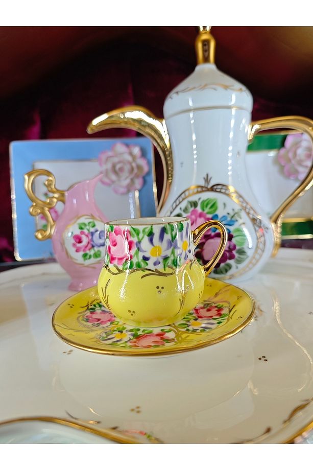 El Boyama Porselen Osmanlı Saray Kahve Fincanı-limon sarı 1 Adet - 3