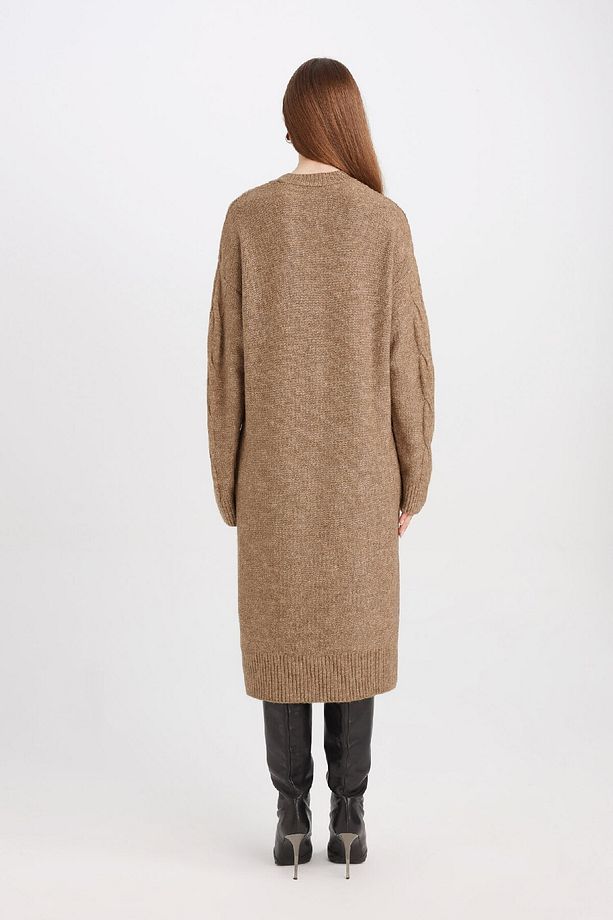 Regular Fit Bisiklet Yaka Saç Örüg Desenli Basic Düz Uzun Kollu Maxi Triko Elbise Y2073az24wn - 4