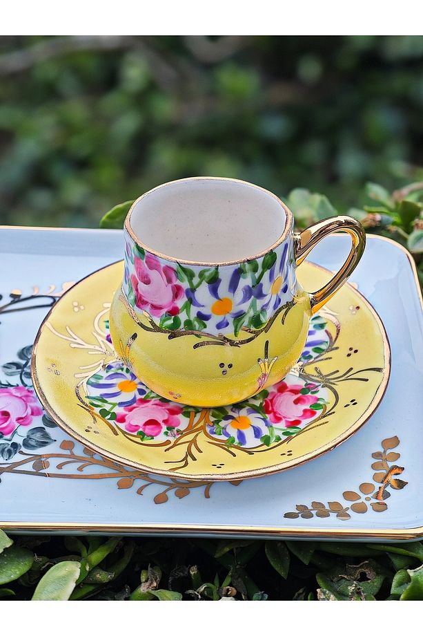El Boyama Porselen Osmanlı Saray Kahve Fincanı-limon sarı 1 Adet - 1