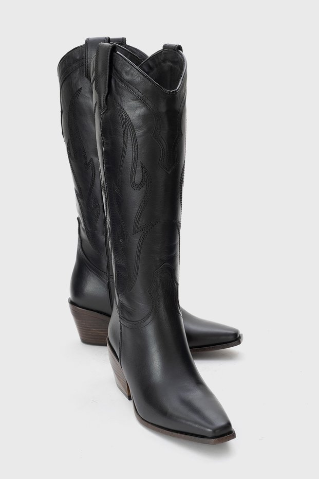 Pietro Black Skin Genuine Leather Women's Western Boots