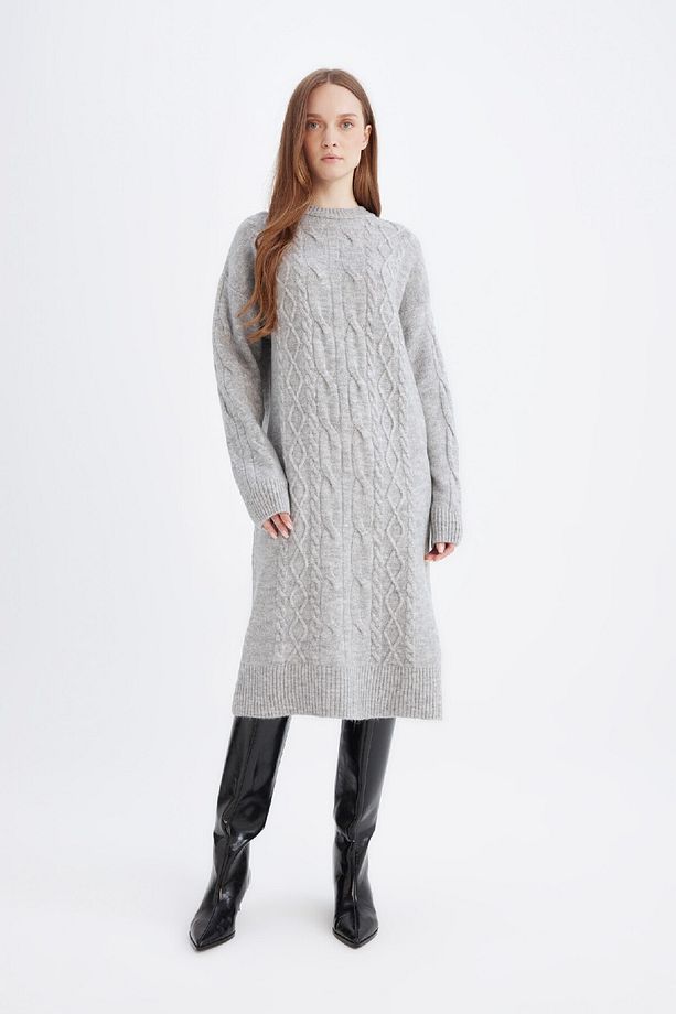 Regular Fit Bisiklet Yaka Saç Örgü Desenli Basic Düz Uzun Kollu Midi Triko Elbise Y2073az24wn - 2