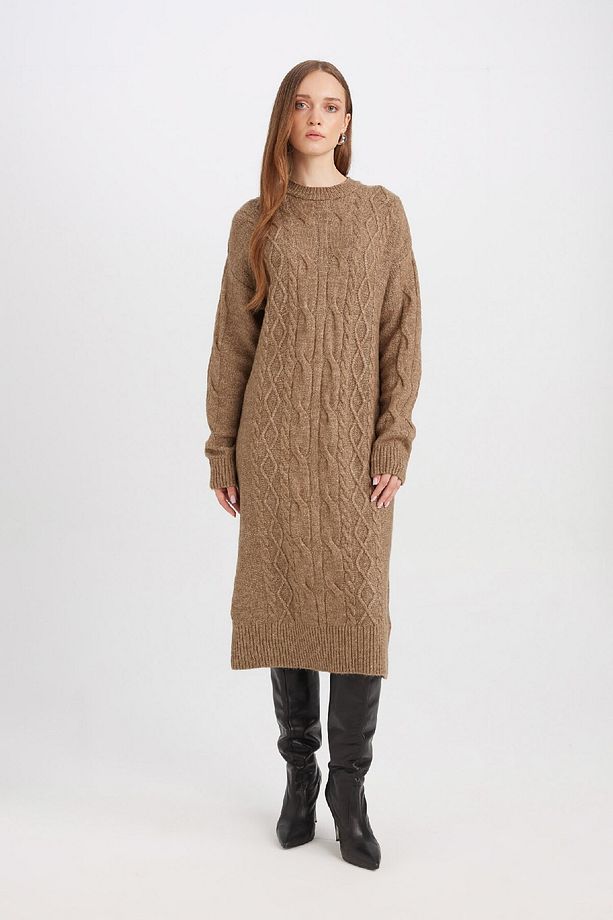 Regular Fit Bisiklet Yaka Saç Örüg Desenli Basic Düz Uzun Kollu Maxi Triko Elbise Y2073az24wn - 1