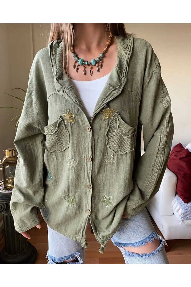 Kadın Oversize Ceket Yıldız ve File Detay Kapüşonlu %100 Pamuk Premium Dokuma Kumaş - 3