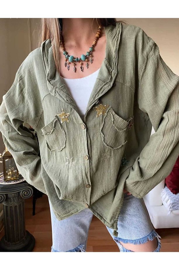 Kadın Oversize Ceket Yıldız ve File Detay Kapüşonlu %100 Pamuk Premium Dokuma Kumaş - 2