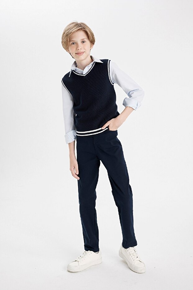 Boy's Navy Blue Gabardine School Pants with Straight Leg Pockets 25K801T00129