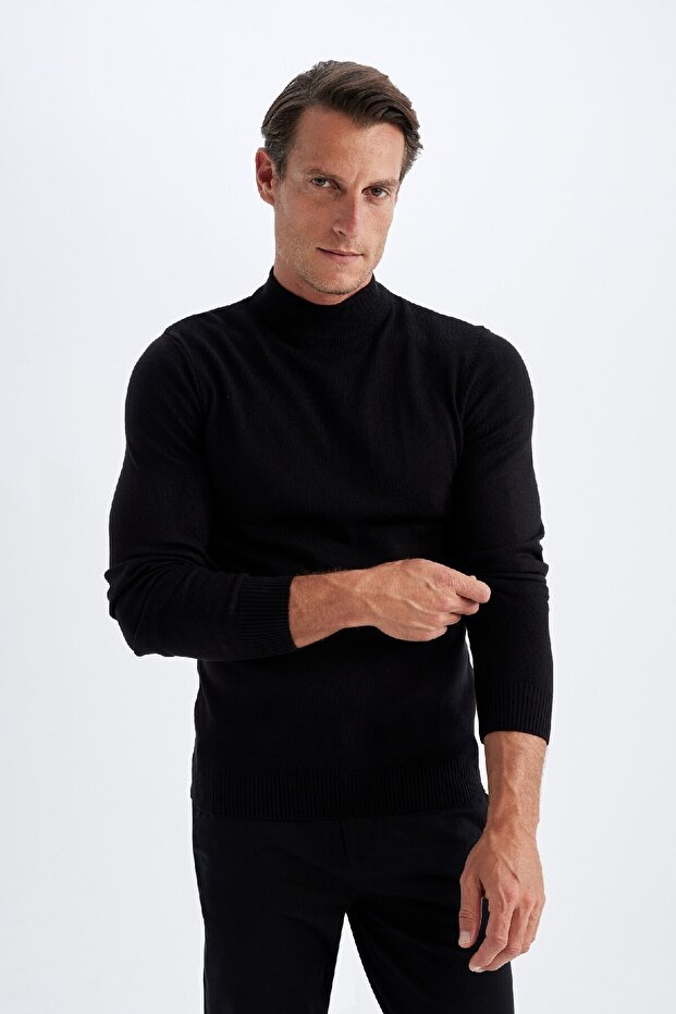 Schwarzer Slim-Fit-Slim-Fit-Pullover mit halbem Rollkragen, Basic-Solid-Strickpullover R1127az24wn - 5