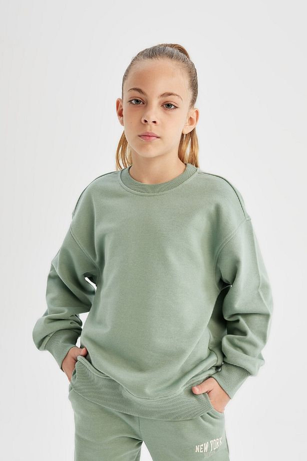 Kız Çocuk Relax Fit Bisiklet Yaka Pamuklu Basic Düz Okul Sweatshirt A2797a824au - 4