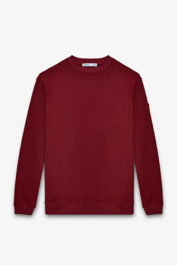 Ollie Men's Crew Neck Regular Long Sleeve Embroidery Detailed Burgundy Sweatshirt
