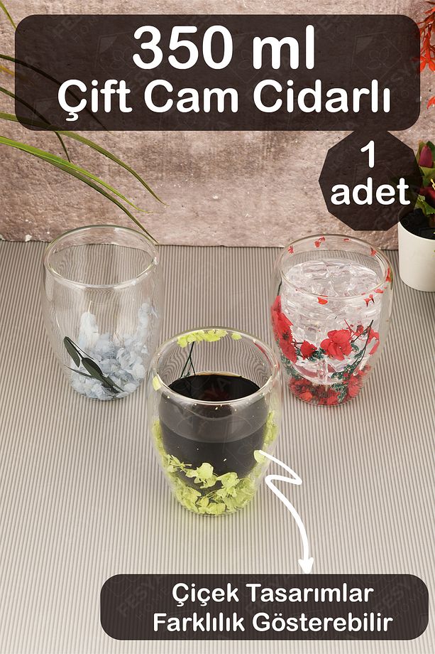 Çift Camlı Cidarlı Bardak 350ml Çiçek Dekorlu Isıya Dayanıklı Bardak - 2