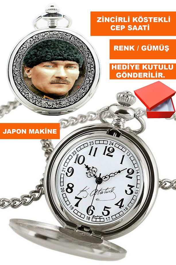 Kemal Atatürk Görsel ve İmzalı Gümüş Renk Zincirli Köstekli Cep Saati - 1