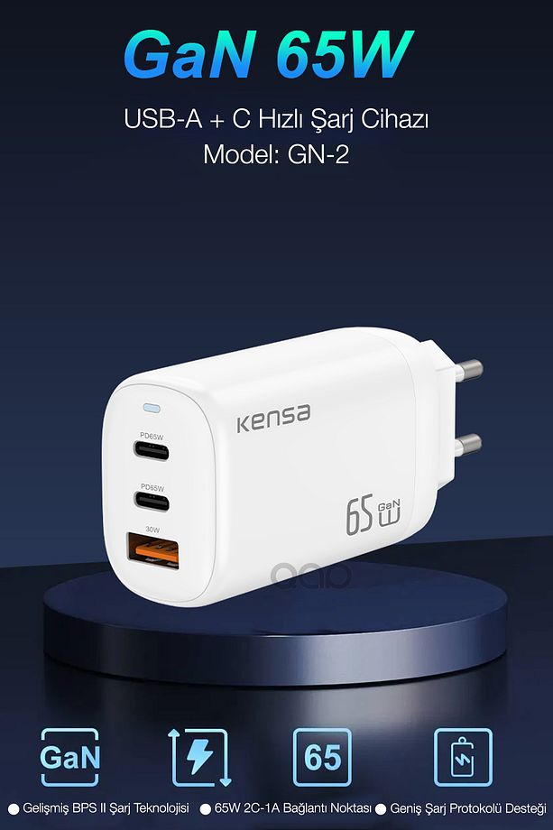 65W Gan3 Turbo Hızlı Şarj Cihazı Type-C QC PD 2xUsb-C 1xUsb-A (Gerçek 65 Watt) - 4