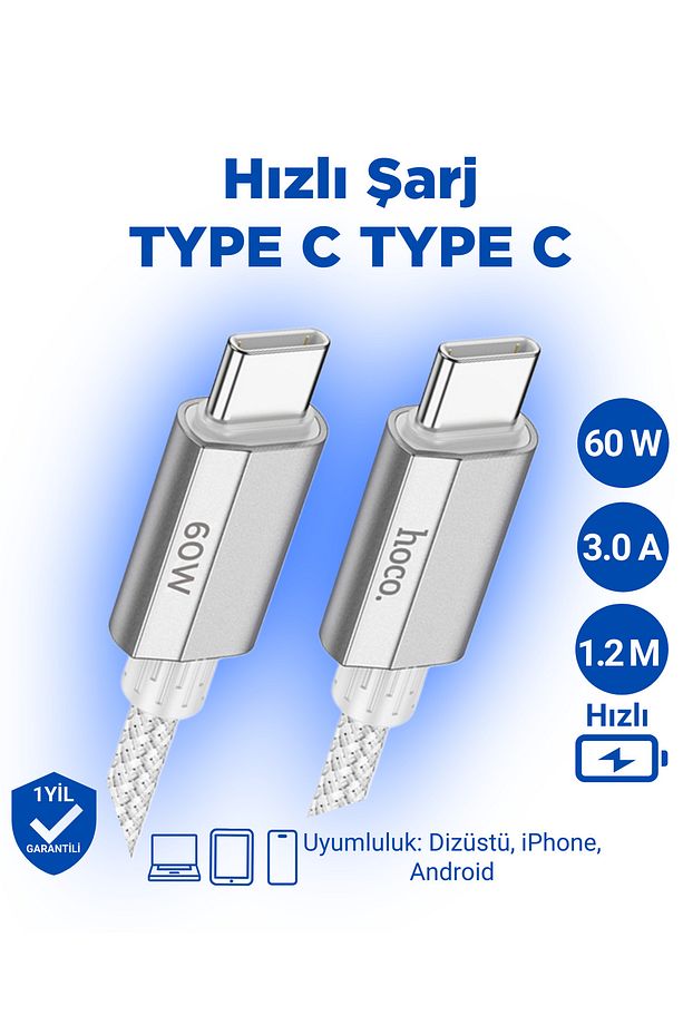 U134 60w 3a Type-c To Type-c Iphone Android Uyumlu Hızlı Şarj Veri Kablosu Beyaz 1.2 Metre - 1