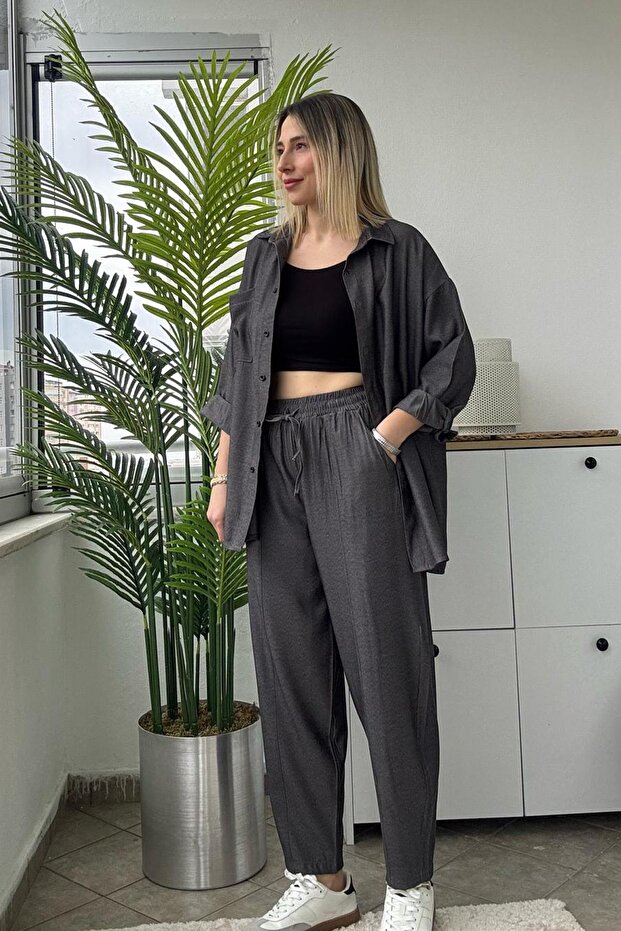 Linen Textured Anthracite Shirt Pants Set
