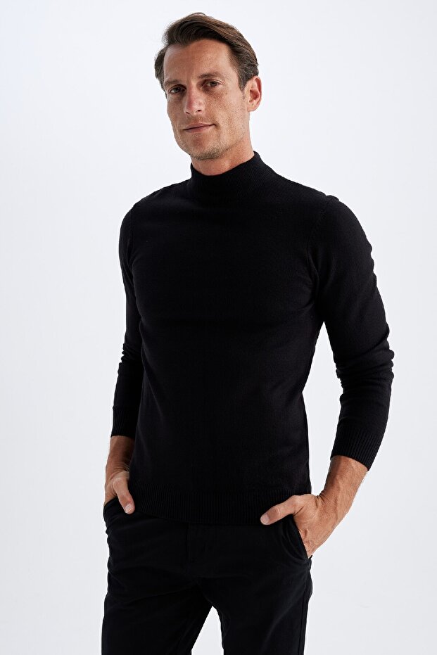 Schwarzer Slim-Fit-Slim-Fit-Pullover mit halbem Rollkragen, Basic-Solid-Strickpullover R1127az24wn - 3