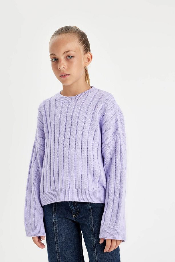 Kız Çocuk Oversize Geniş Kalıp Bisiklet Yaka Basic Düz Triko Kazak C6945a824au - 4