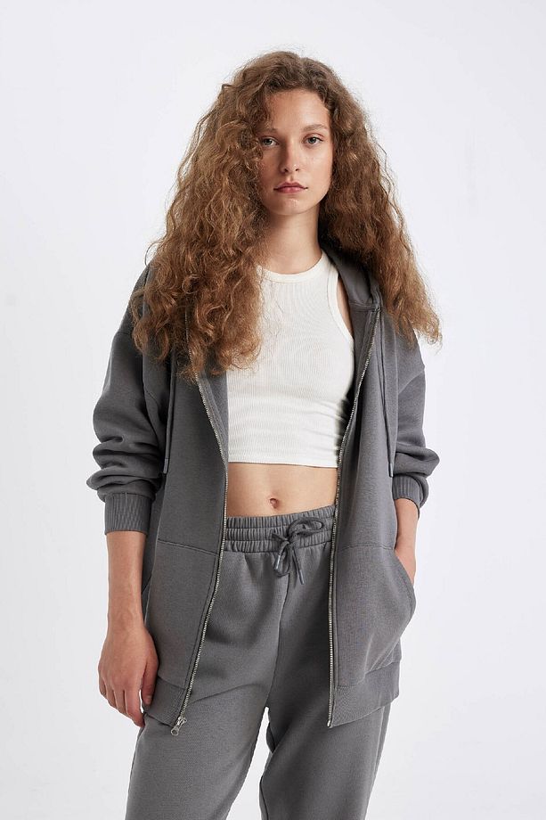 Oversize Geniş Kalıp Kapüşonlu Cepli Basic Düz Fermuarlı Sweatshirt V4233az24wn - 4
