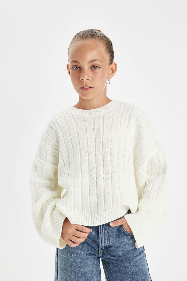 Kız Çocuk Oversize Geniş Kalıp Bisiklet Yaka Basic Düz Triko Kazak C6945a824au - 3
