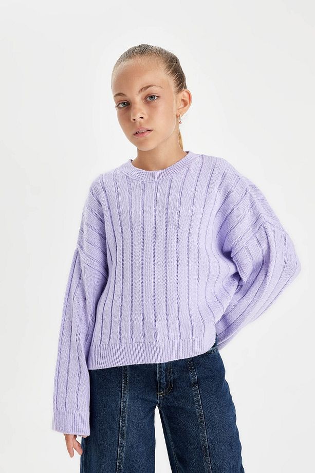 Kız Çocuk Oversize Geniş Kalıp Bisiklet Yaka Basic Düz Triko Kazak C6945a824au - 3