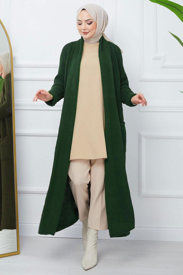 Shawl Collar Pocketed Knitwear Cardigan Emerald Hm2243