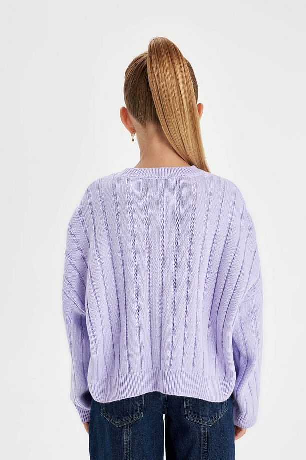 Kız Çocuk Oversize Geniş Kalıp Bisiklet Yaka Basic Düz Triko Kazak C6945a824au - 6