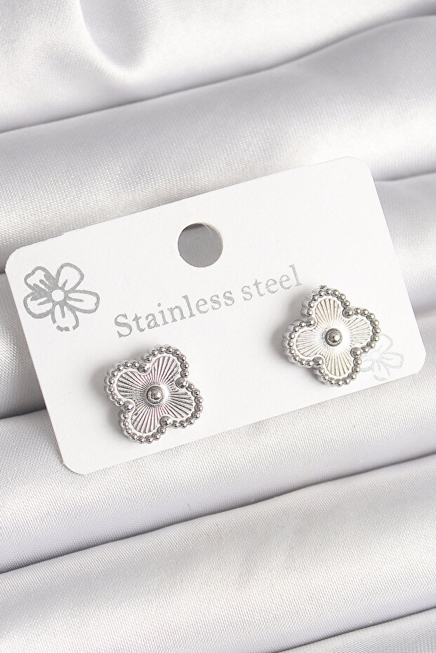 Brass Silver Color Engraved Clover Model Women's Earrings Azry (Rsbjt-34)