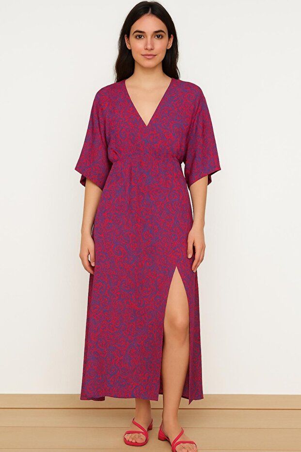 Front Slit V-Neck Patterned Midi Dress