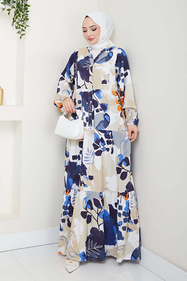Patterned Hijab Dress Cobalt Blue 4731