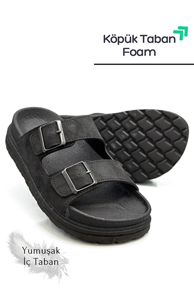 Width Adjustable Black Leather Men's Slippers - 5