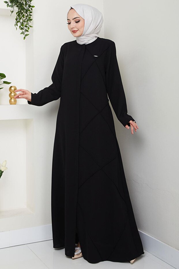Tek Tarafı Çapraz Dikişli Ferace Siyah HM2708 - 5