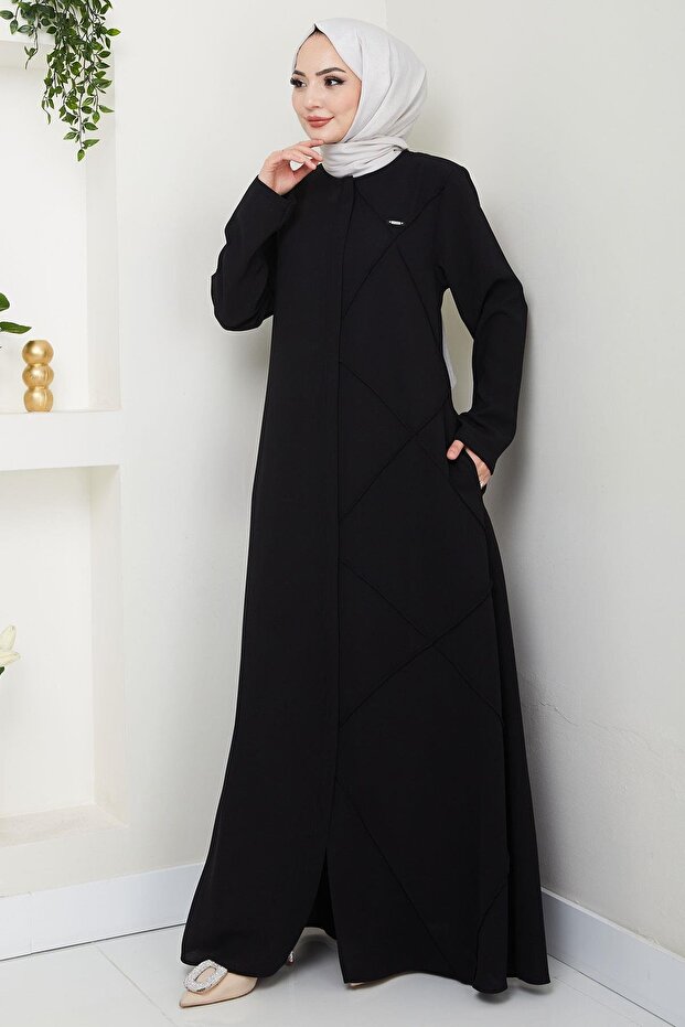 Tek Tarafı Çapraz Dikişli Ferace Siyah HM2708 - 2