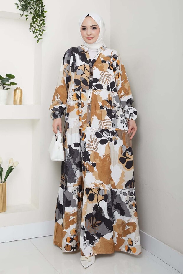 Patterned Hijab Dress Beige 4731