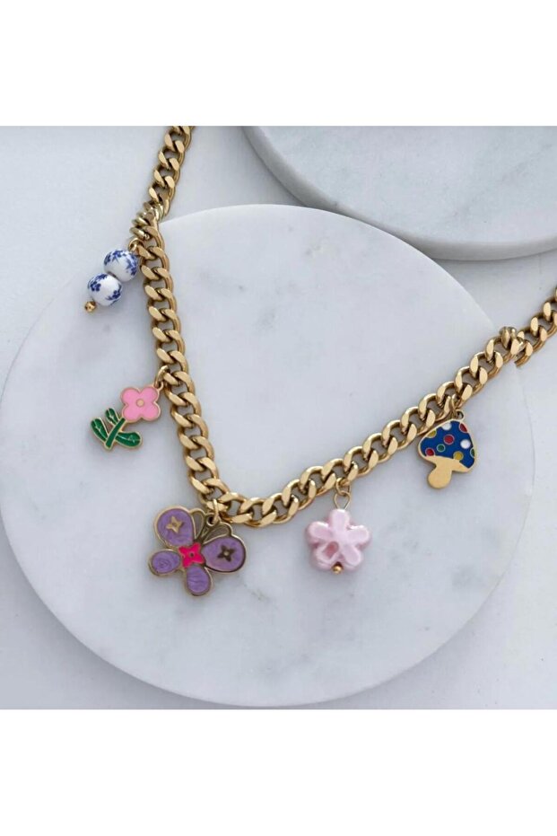 Çelik Flowers Charm Kolye - 1