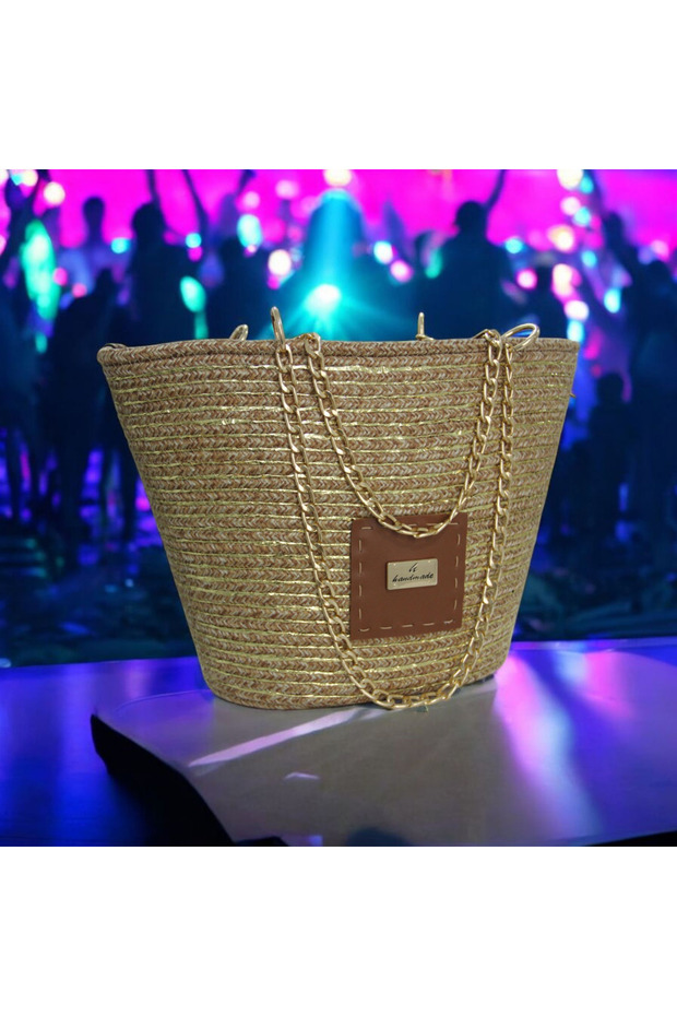 Straw Bag Beach Bag Handmade Straw Women's Bag with Chain with Gold Details Zipper Bag