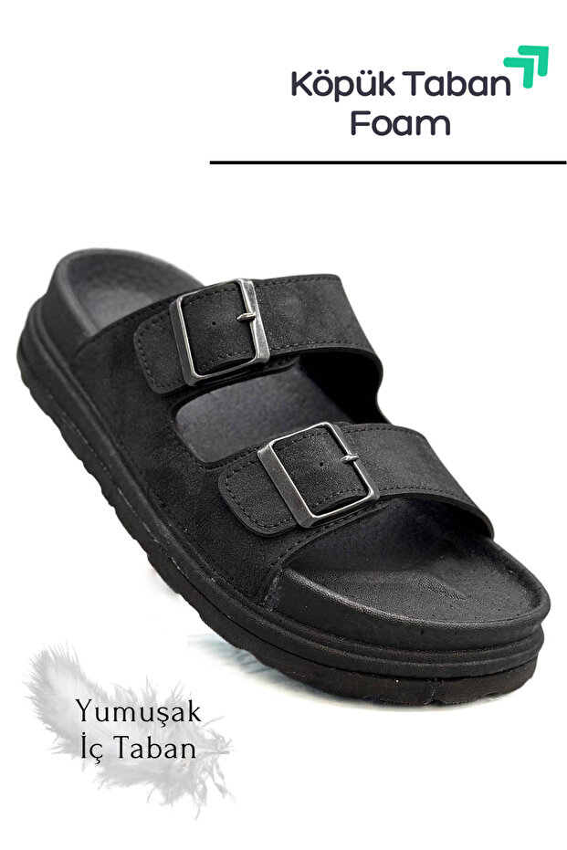 Width Adjustable Black Leather Men's Slippers - 1