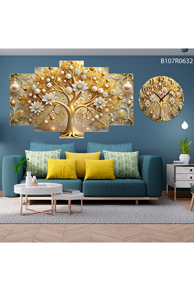 Tablo Duvar Mdf Tablo 5 Parça Set Ve Saatli - 1