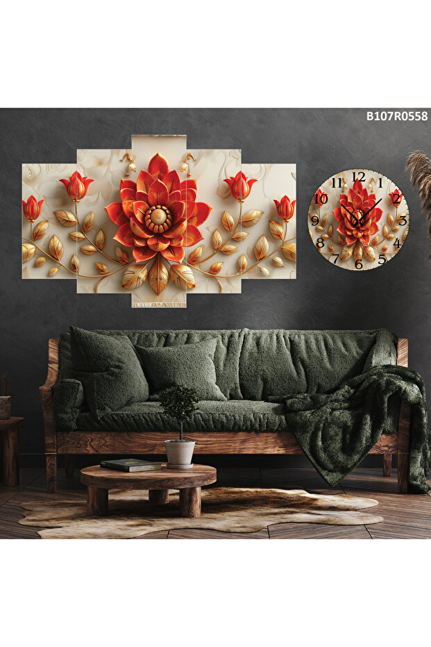 Tablo Duvar Mdf Tablo 5 Parça Set Ve Saatli - 1
