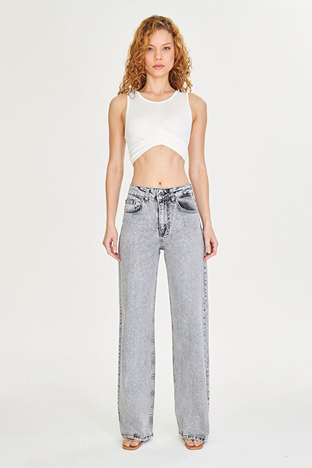 Women's Blue Wide Leg High Waist Stone Stretch Jean Trousers