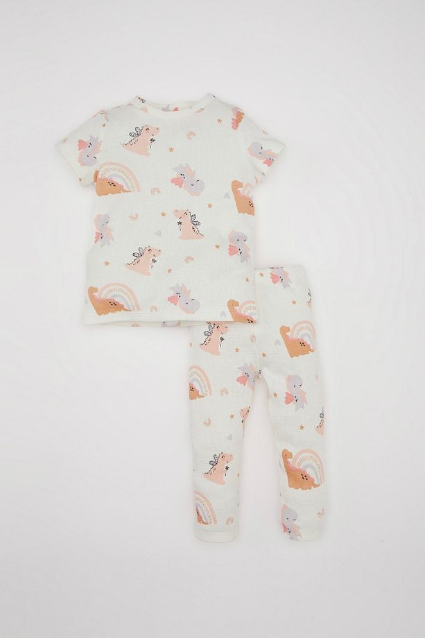 Kız Bebek Pijama Takımı Waffle Dinazor Desenli Kısa Kollu Üst Uzun Alt C3474a524sm - 1