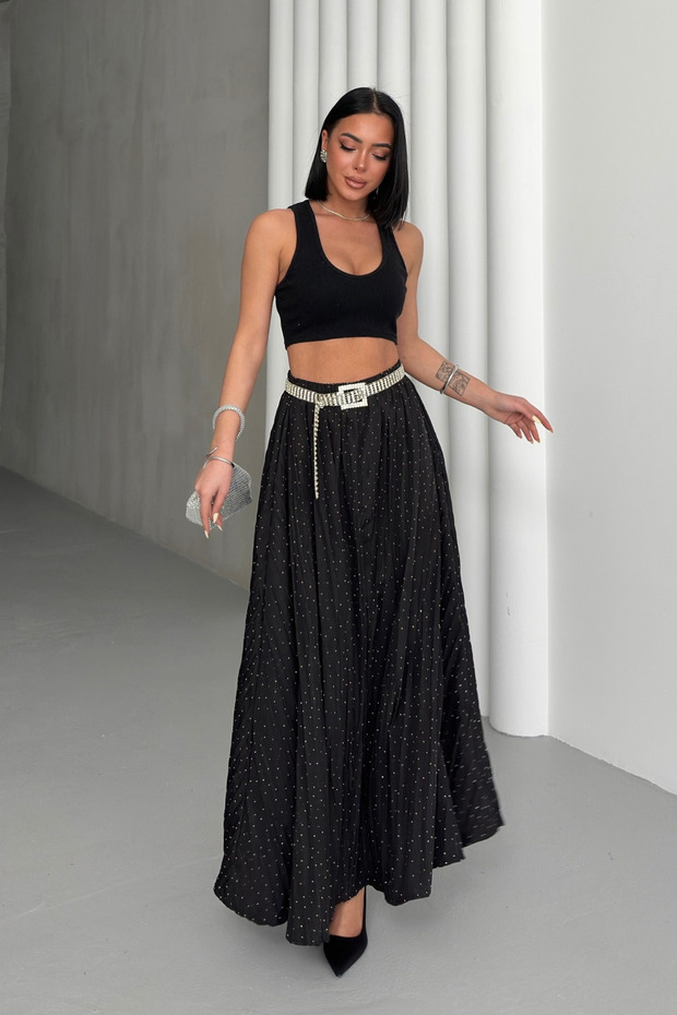 Women's Black Stone Detailed Crush Effect Long Flared Skirt