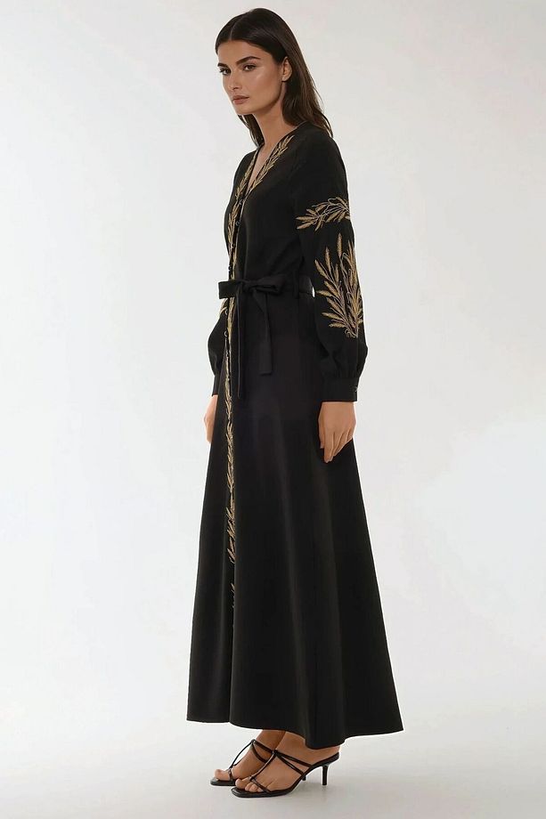 Nakış Işlemeli V Yaka Modest Elbise - 3