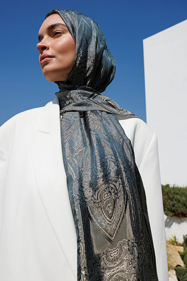 Liva Desen Shine Line Shawl Petrol Blue-Beige