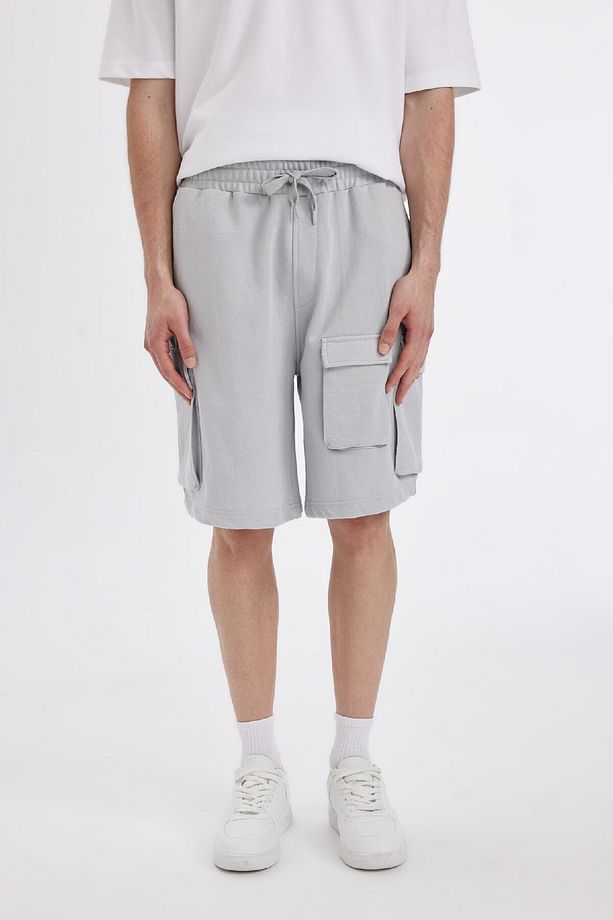Relax Fit Beli Lastikli Bağcıklı Basic Düz Kargo Bermuda Şort C5591ax24hs - 5