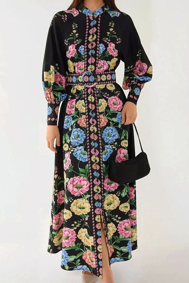 Baskılı Uzun Kol Kemerli Maxi Elbise - 6