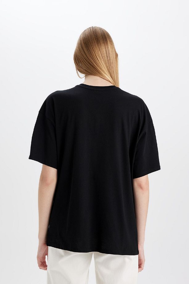Oversize Geniş Kalıp Bisiklet Yaka Basic Düz Kısa Kollu Siyah Tişört V4136azns - 6