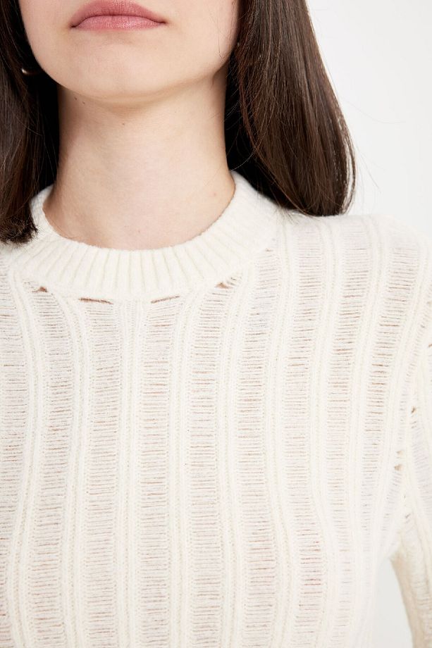 Regular Fit Crop Bisiklet Yaka Örgü Delikli Triko Kazak C6321ax24wn - 5