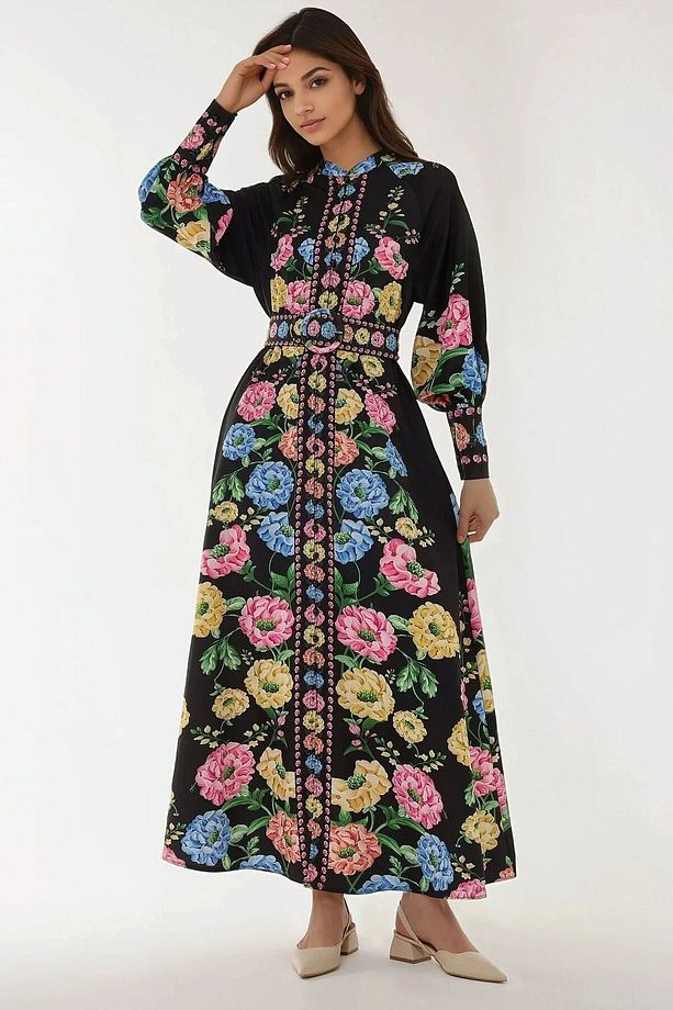 Baskılı Uzun Kol Kemerli Maxi Elbise - 8