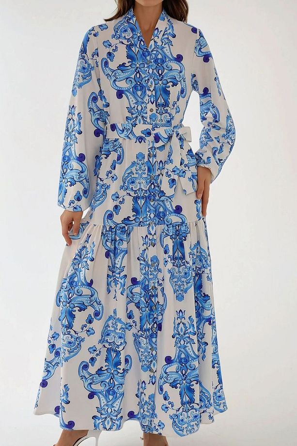 Baskılı Uzun Kol Kuşaklı Modest Elbise - 3